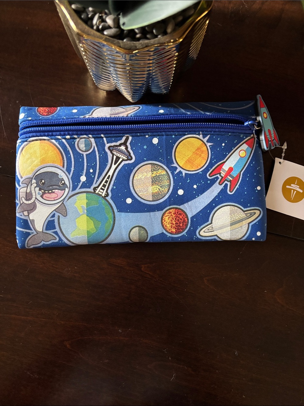 Kids Space-Themed Blue Pencil Case with Rocket Zip Pull